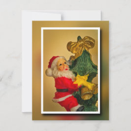 Tarjeta Pequeña Santa Claus trepando el árbol de Navidad - Vintage