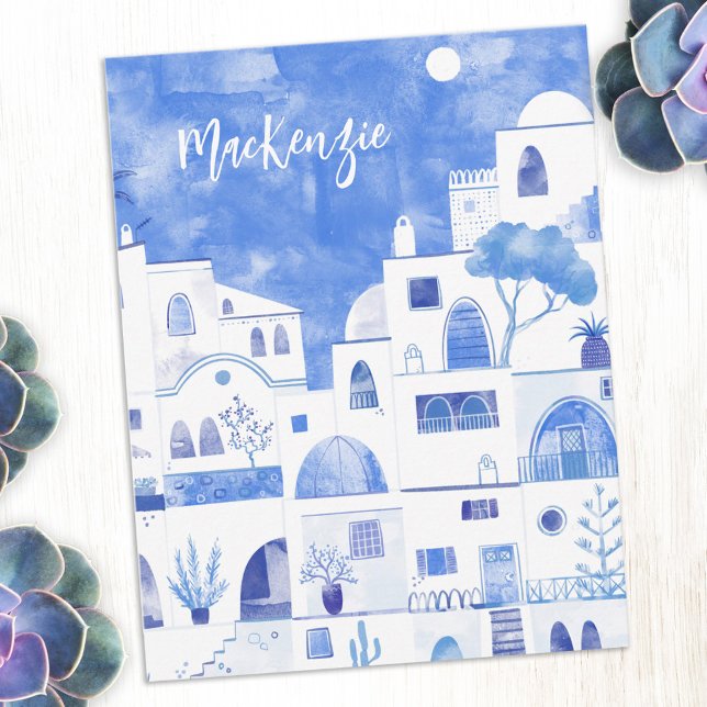 Tarjeta Pequeña Santorini Greece Watercolor Personalized (Santorini Greece Greek island blue and white watercolor art personalized custom name note cards)