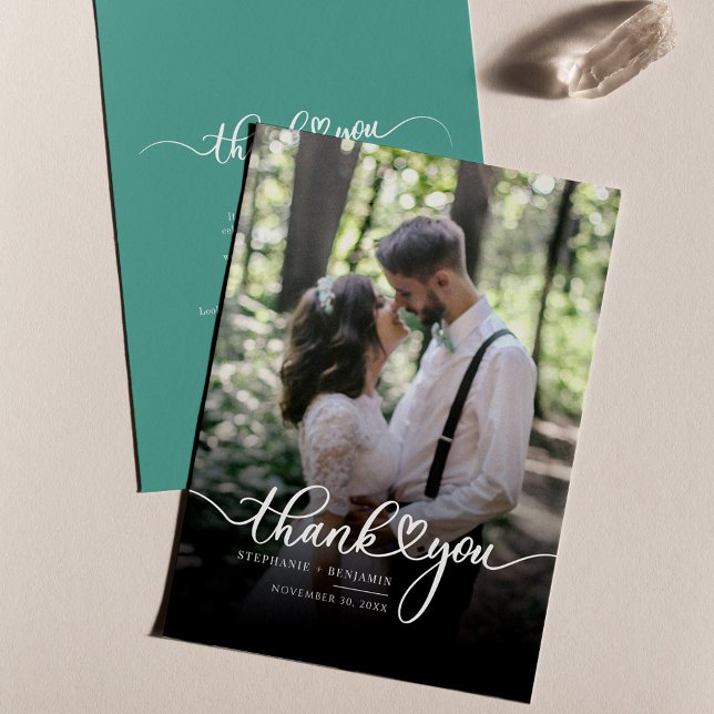 Tarjeta Pequeña Script con Heart Wedding Day Photo You (Wedding Photo Script Thank You Card)
