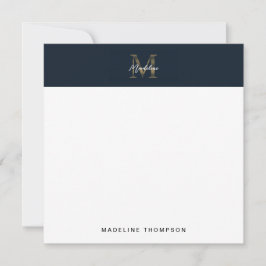 Tarjeta Pequeña Script Metallic Navy Blue Gold Monogram Square