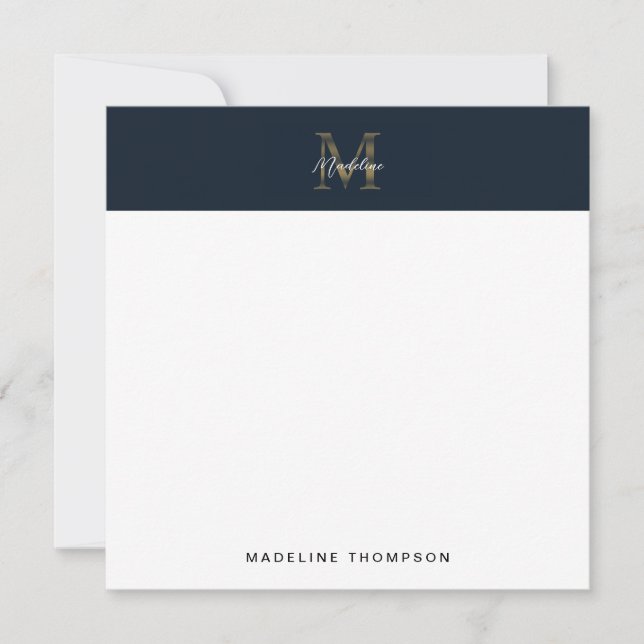 Tarjeta Pequeña Script Metallic Navy Blue Gold Monogram Square (Anverso)