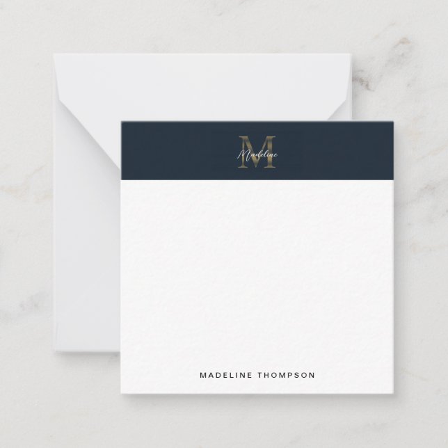 Tarjeta Pequeña Script Metallic Navy Gold Monogram Square Mini (Anverso)