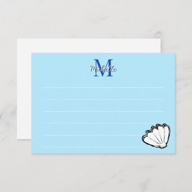 Tarjeta Pequeña Seashell Sketch White And Blue Lined Monogram (Anverso / Reverso)