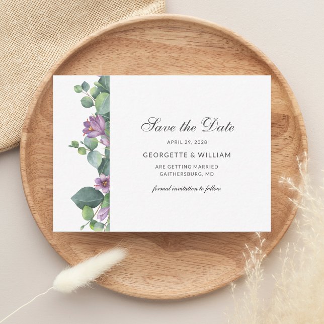 Tarjeta Pequeña Secuencia de comandos de Eucalyptus Greenery Succu (Save the Date Purple Sage Green Wedding Announcement)