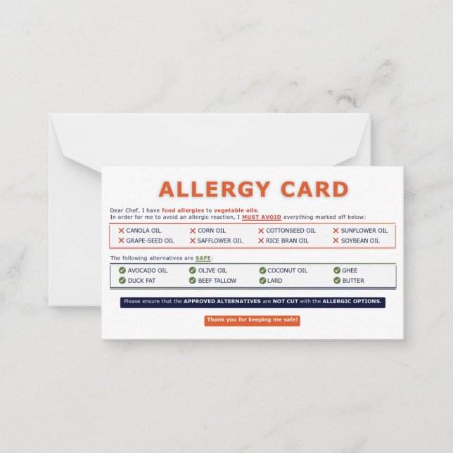 Tarjeta Pequeña Seed Oil Allergy Card  (Anverso)