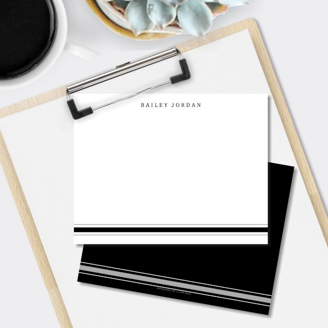 Tarjeta Pequeña Sencilla tres rayas Estacionamiento de hombres neg (Masculine sporty black and gray stripes custom flat note cards)