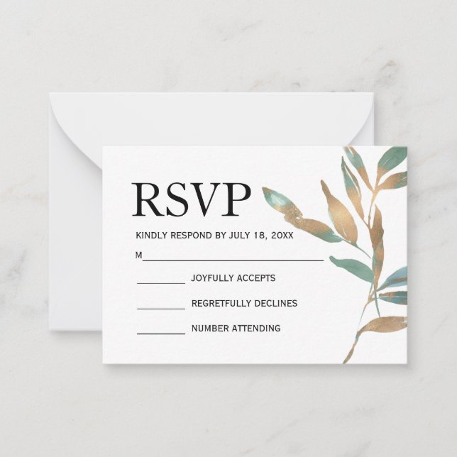 Tarjeta Pequeña Sencillo y elegante arrecife verde dorado rsvp bot (Anverso)