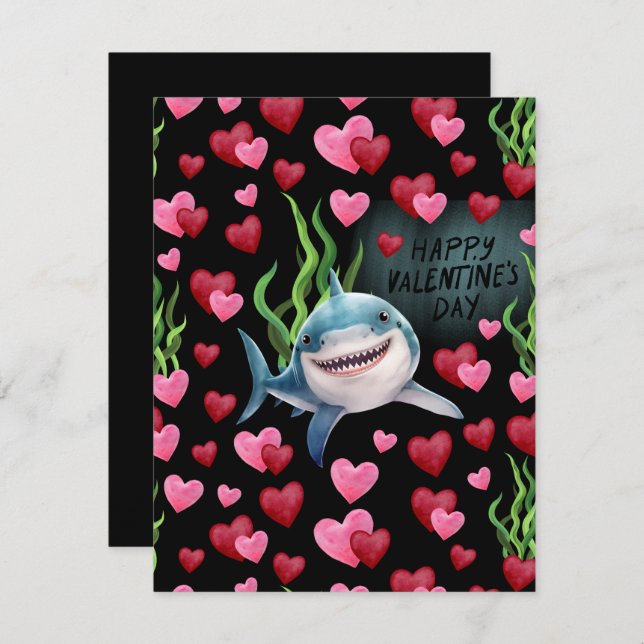 Tarjeta Pequeña Shark Love Valentine’s Day Card in Black (Anverso / Reverso)