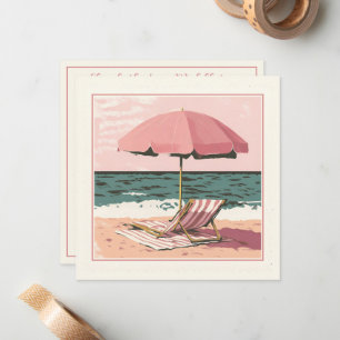 Tarjeta Pequeña Silla de playa rosa y crema y paraguas