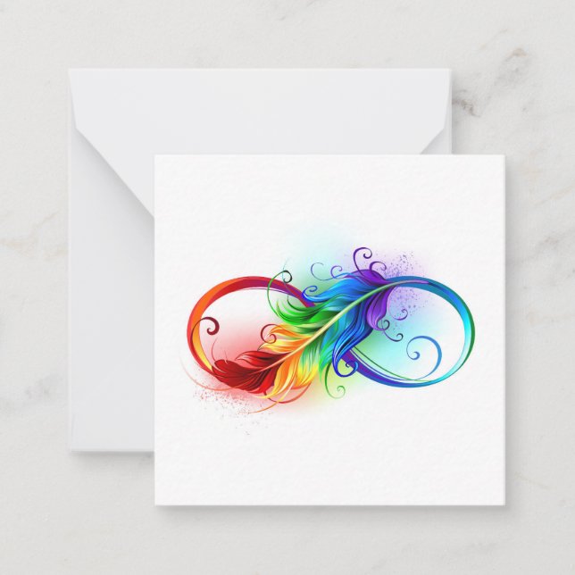 Tarjeta Pequeña Símbolo infinito con plumas arcoiris (Anverso)
