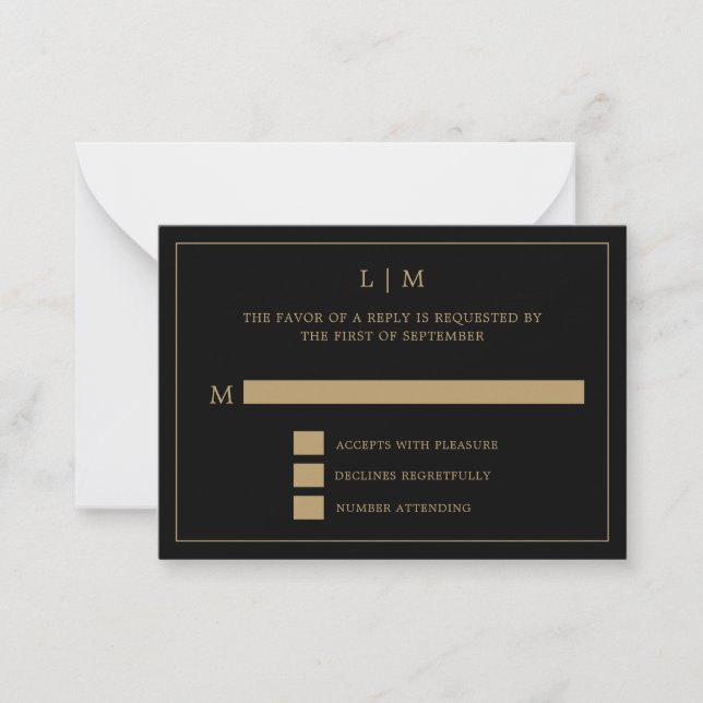 Tarjeta Pequeña Simple Boda Elegante en Monograma Negro y Oro (Anverso)