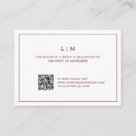 Tarjeta Pequeña Simple Burgundy Monograma Código QR Boda Elegante