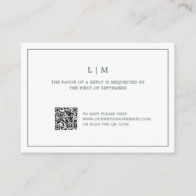 Tarjeta Pequeña Simple Forest Green Monograma QR Code Wedding RSVP (Anverso)