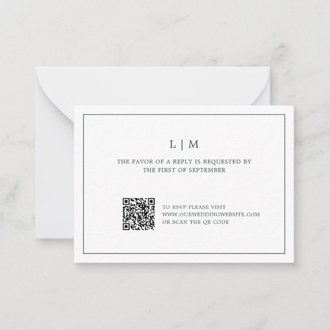 Tarjeta Pequeña Simple Forest Green Monograma QR Code Wedding RSVP (Anverso)