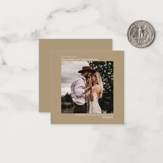 Tarjeta Pequeña Simple Mocha Tan Wedding Save the Date Photo (Anverso/Reverso In Situ)