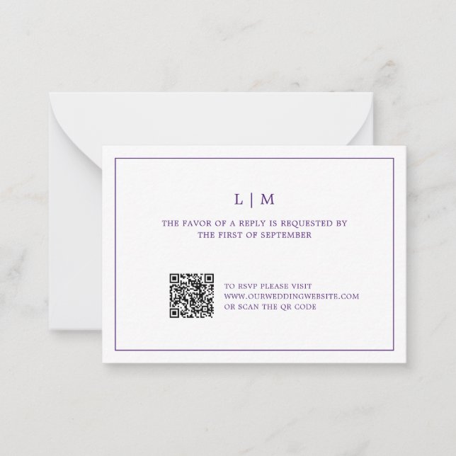 Tarjeta Pequeña Simple Morado Monograma QR Boda de código RSVP (Anverso)