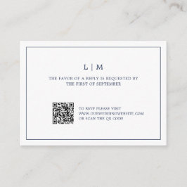 Tarjeta Pequeña Simple Navy azul Monograma QR Boda de código RSVP