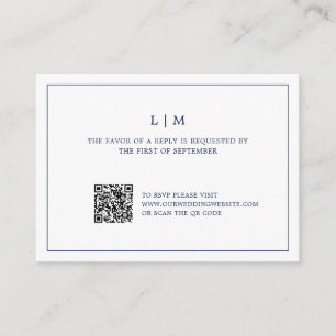 Tarjeta Pequeña Simple Navy azul Monograma QR Boda de código RSVP