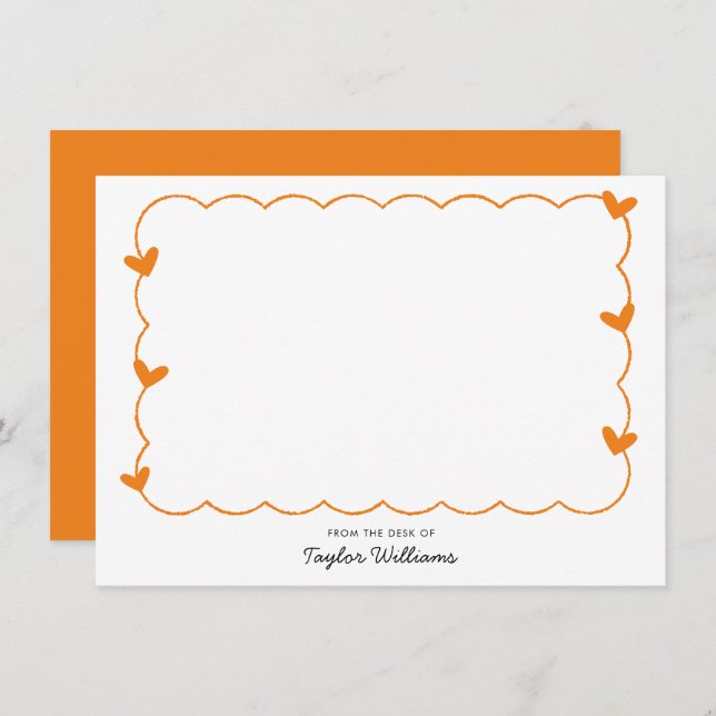 Tarjeta Pequeña Simple Orange Wavy Border Heart Stationery (Anverso / Reverso)