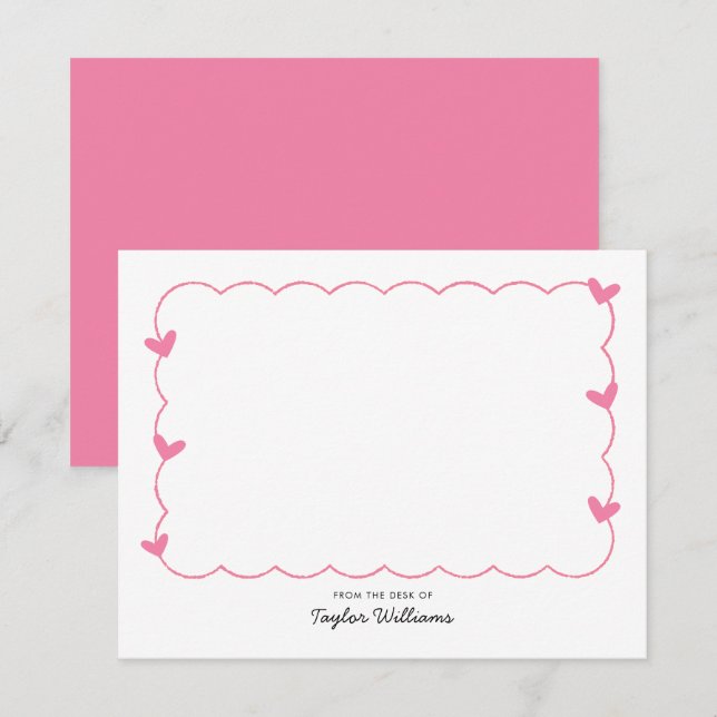Tarjeta Pequeña Simple Pink Wavy Border Heart Stationery (Anverso / Reverso)