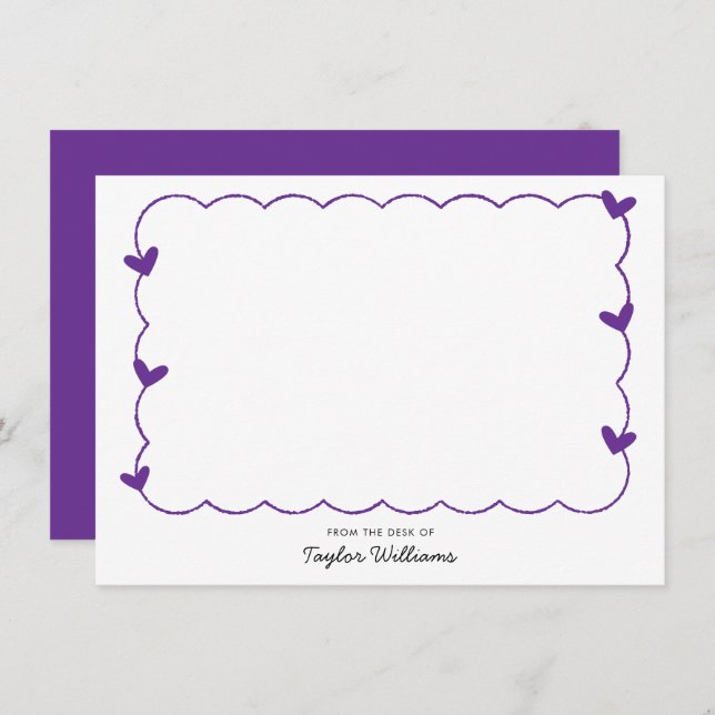 Tarjeta Pequeña Simple Purple Wavy Border Heart Stationery (Anverso / Reverso)