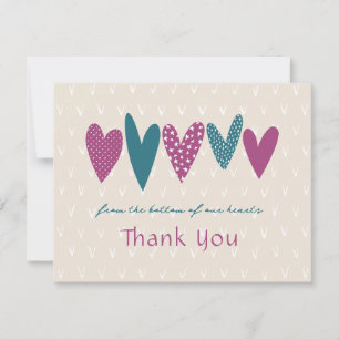 Tarjeta Pequeña Sincera gratitud Corazones Magenta Verde azulada