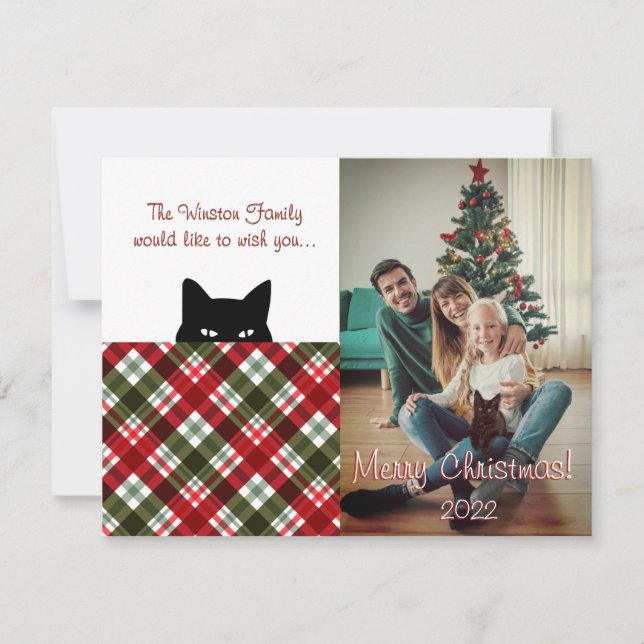 Tarjeta Pequeña Sneaky Cat Royal Stewart Tartan Plaid Navidades (Anverso)