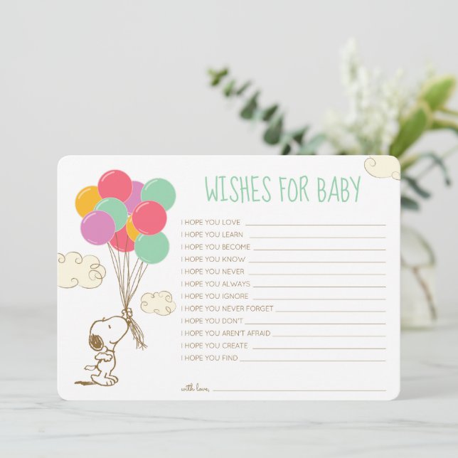 Tarjeta Pequeña Snoopy y los globos Deseos de Baby Shower para el  (Anverso de pie)