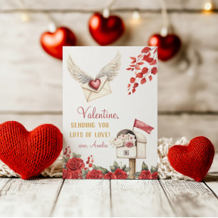 Tarjeta Pequeña Sobre de Ala Enviando Amor y Rosas San Valentín