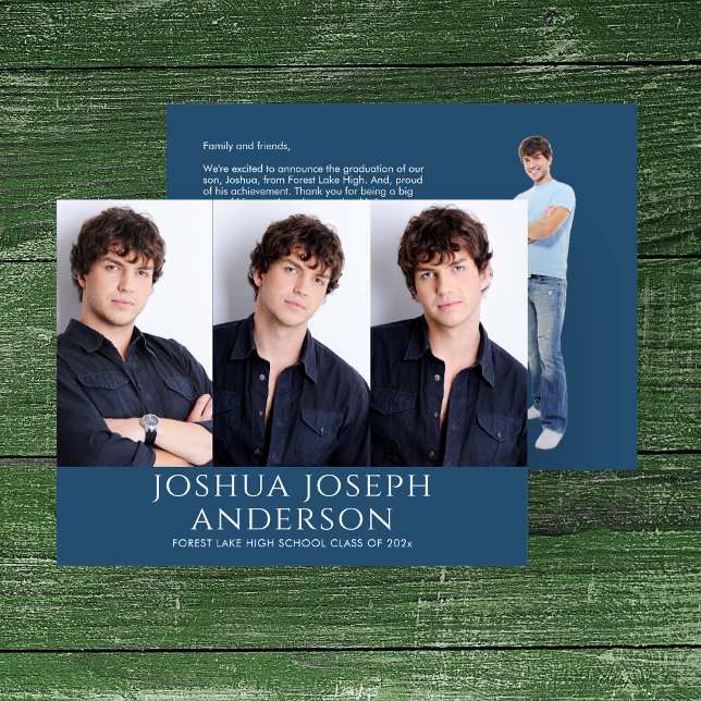 Tarjeta Pequeña Sofisticada Graduación Azul Real de tres fotos (Subido por el creador)