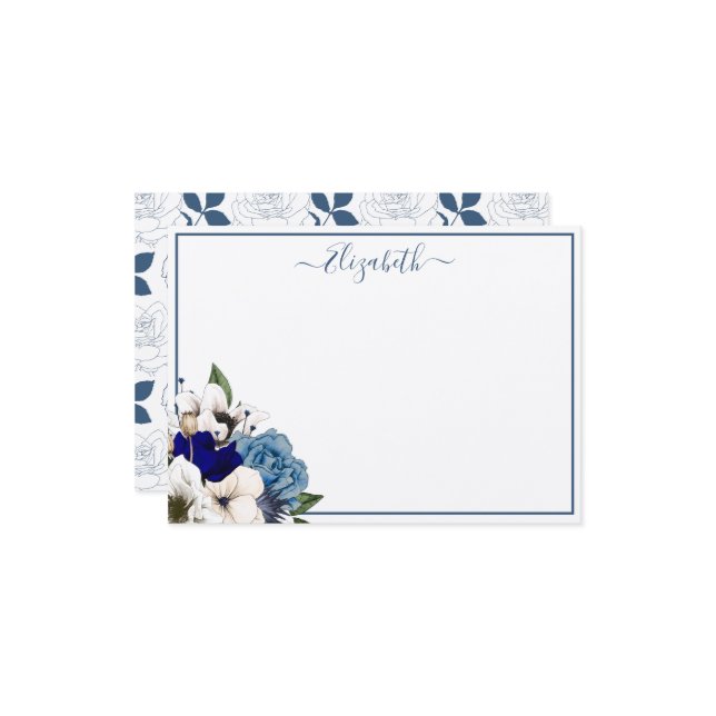 Tarjeta Pequeña Sofisticada Marina Dusty Blue Floral Personalizada (Anverso/Reverso In Situ)