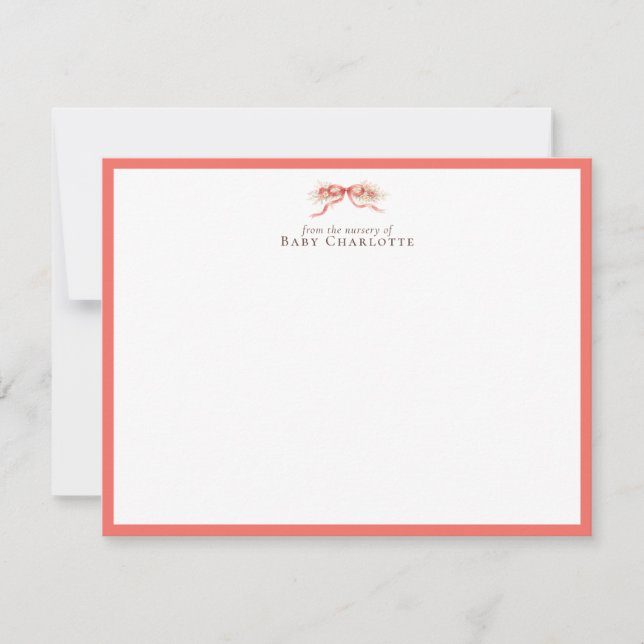 Tarjeta Pequeña Soft Coral Bow Nursery Note Card – Personalized (Anverso)