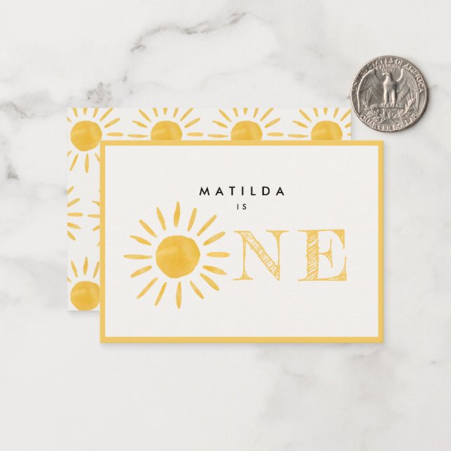 Tarjeta Pequeña sol primer cumpleaños sol amarillo gracias (Anverso/Reverso In Situ)