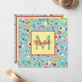 Tarjeta Pequeña Spring Flowers on Aqua Blue Monogram