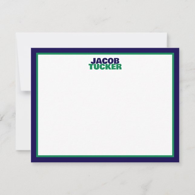 Tarjeta Pequeña Stacked Name Navy Green Border Preppy Stationery (Anverso)