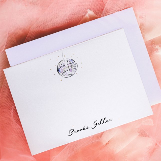 Tarjeta Pequeña Star Studded Disco Ball Watercolor Personalizado (A fabulous note card set featuring a watercolor painted disco ball and beautiful personalized name.)