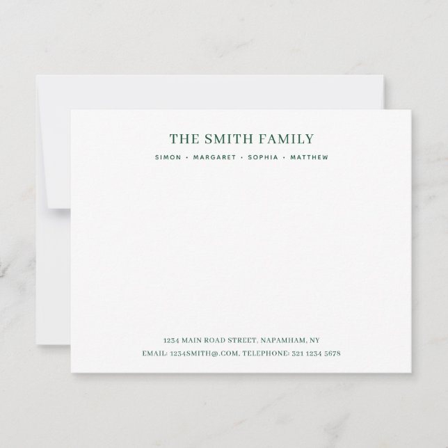 Tarjeta Pequeña Stationery de nombre de familia verde mínimo (Anverso)