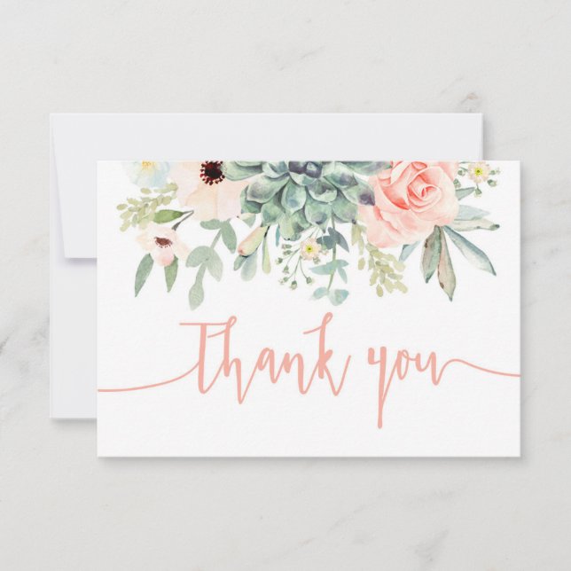 Tarjeta Pequeña Suculentos, coral melocotón gracias (Anverso)