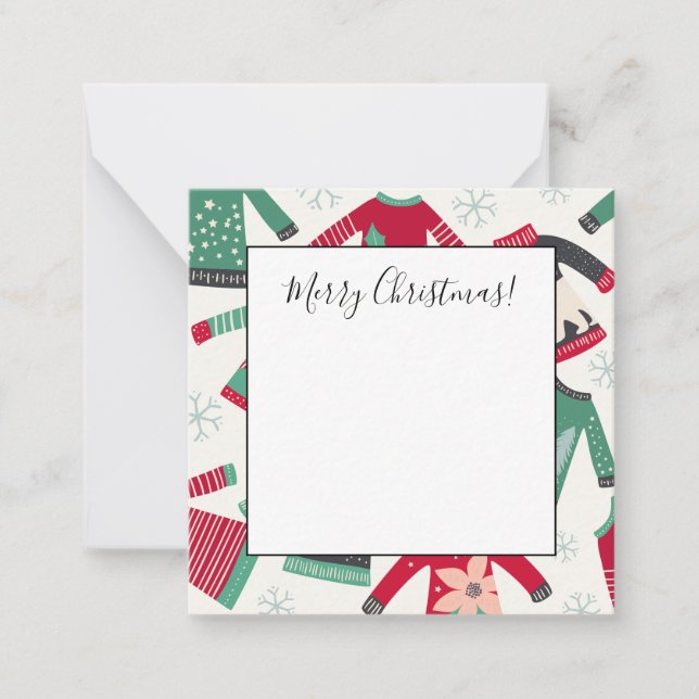 Tarjeta Pequeña Suéter feo de Navidad patrón navideño verde rojo (Anverso)