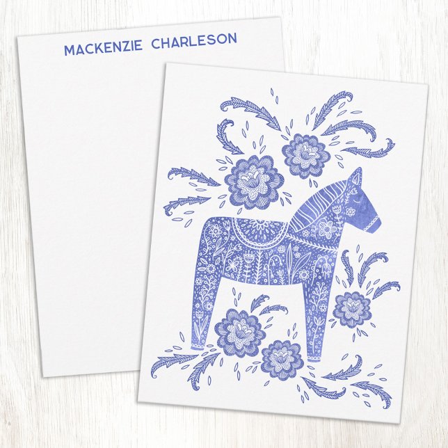 Tarjeta Pequeña Swedish Dala Horse Blue and White Personalized (Personalized custom name or text Swedish Dala Horse blue and white folk art notecards)