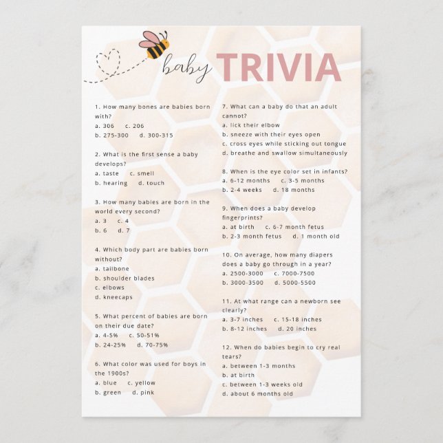 Tarjeta Pequeña Sweet Little Honey Baby Shower Baby Trivia (Anverso)