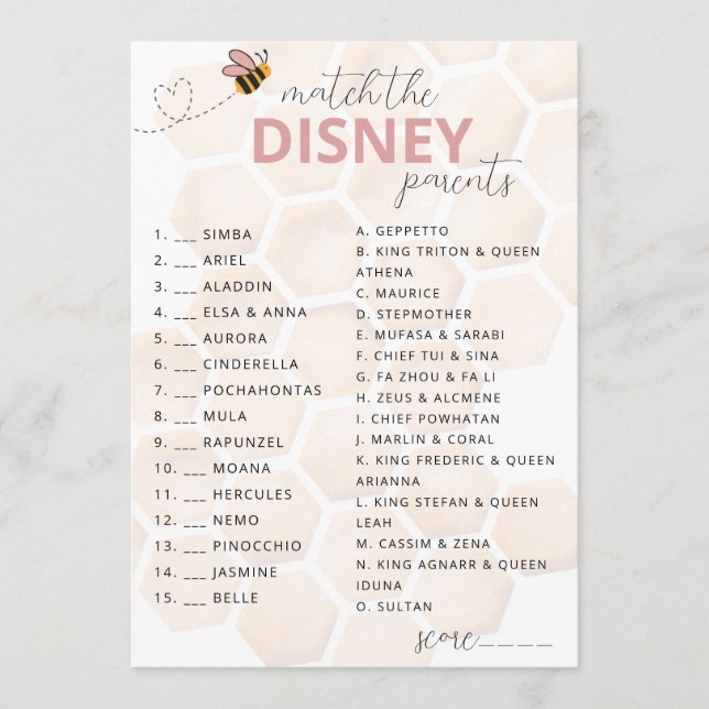 Tarjeta Pequeña Sweet Little Honey Baby Shower Disney Parent Game (Anverso)