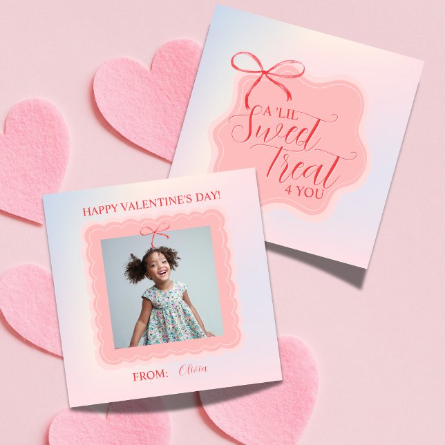 Tarjeta Pequeña Sweet Pink Bow Valentine's Classroom Photo Card (Share this Sweet Treat Pink Bow Valentine's Classroom Photo Note Card!!)