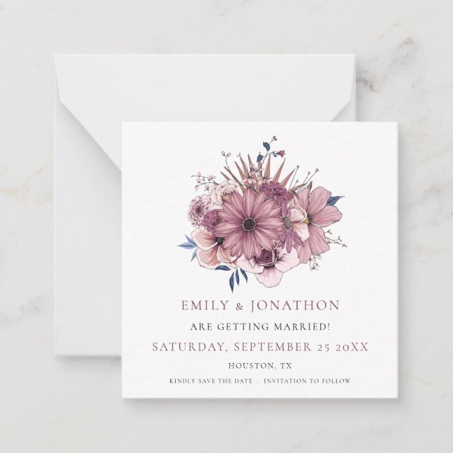 Tarjeta Pequeña TAMAÑO MINI | Boda Purple Florals Ahorra La Fecha (Anverso)