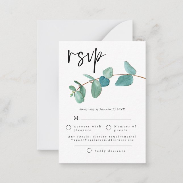 Tarjeta Pequeña TAMAÑO MINI | Saltos de eucalipto azul Boda RSVP (Anverso)