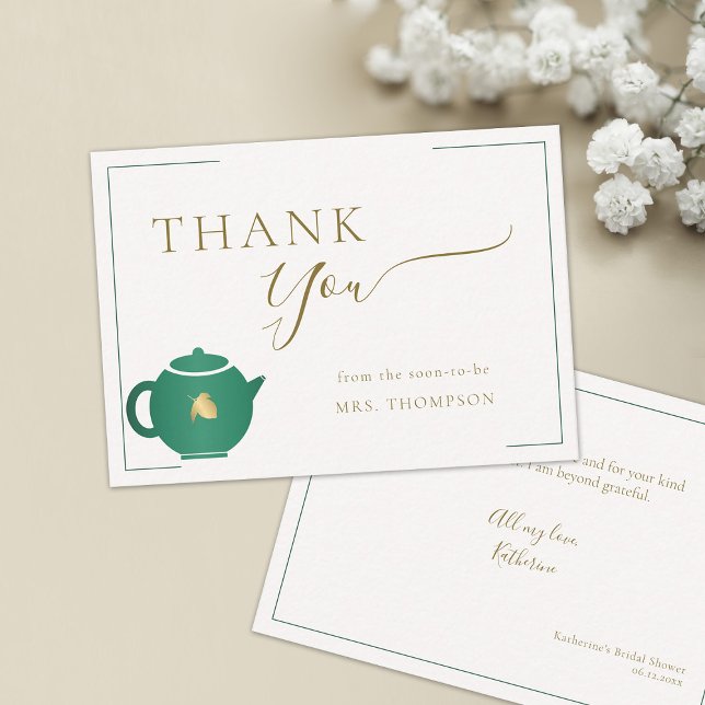 Tarjeta Pequeña Té de oro esmeralda elegante ducha de novia gracia (emerald gold bridal tea party thank you note card future mrs modern frame simple classy elegant)