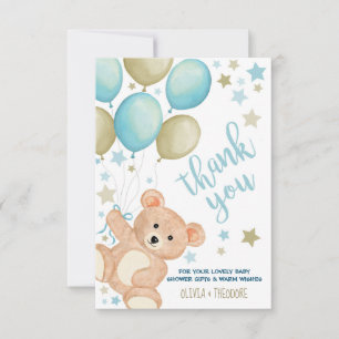 Tarjeta Pequeña Teddy Bear Balloons Boy Baby Shower Gracias