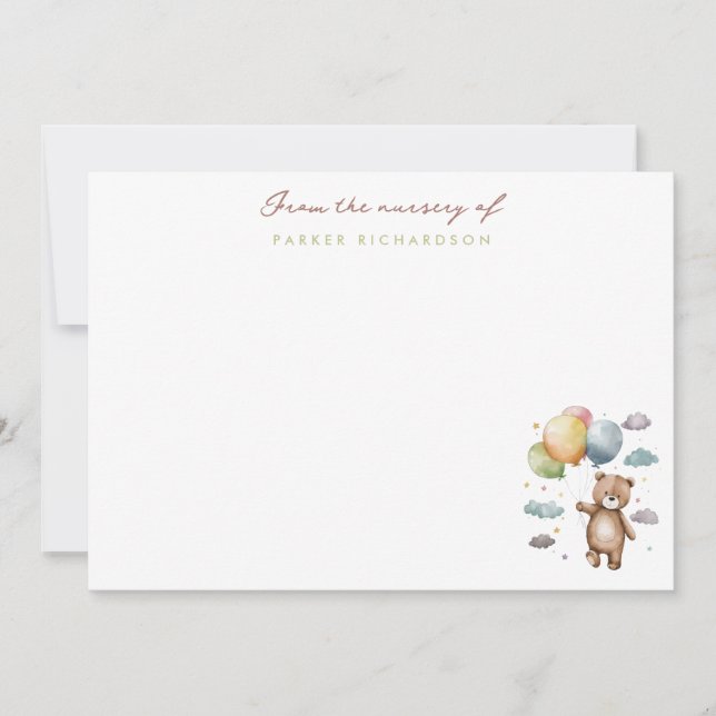 Tarjeta Pequeña Teddy Bear & Balloons Nursery Green Gracias (Anverso)