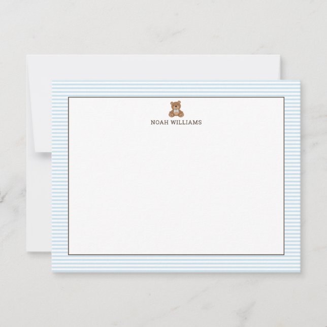 Tarjeta Pequeña Teddy Bear Blue Stripes Personalized Stationery (Anverso)