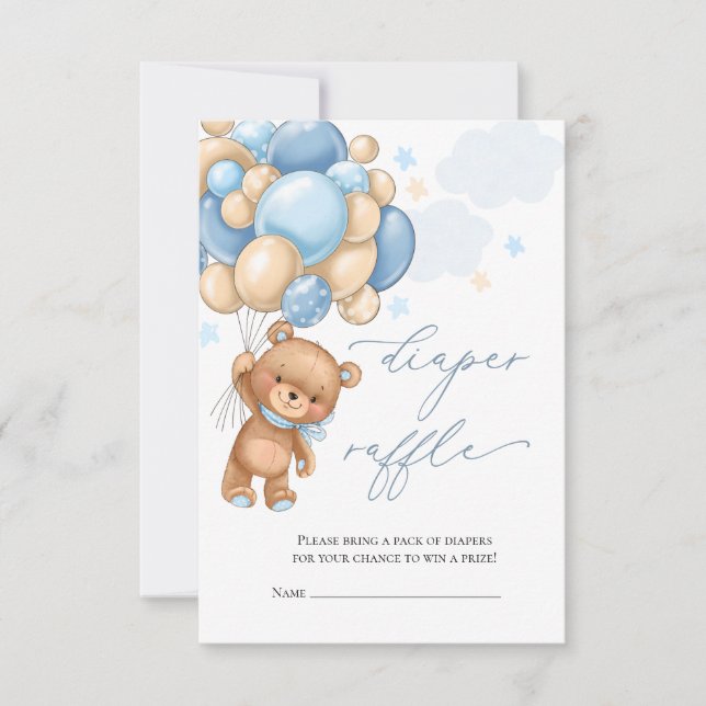 Tarjeta Pequeña Teddy Bear Globos Baby Shower Diaper Raffle (Anverso)